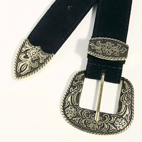 NWT ORNATE FREE PEOPLE GENUINE SUEDE BELT BLACK/GOLD Sz S/M - Picture 3 of 7